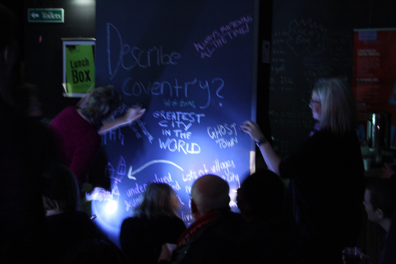 Audience at the Shop Front Theatre describe Coventry. Photo: John Hammersley.